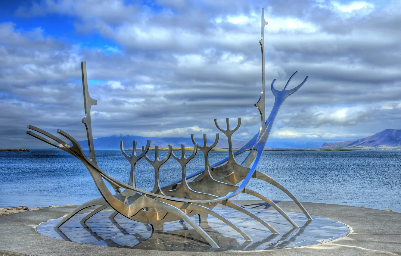 Фото обои памятник, скульптура, набережная, Исландия, Iceland, Reykjavik, Рейкьявик, солнечный странник