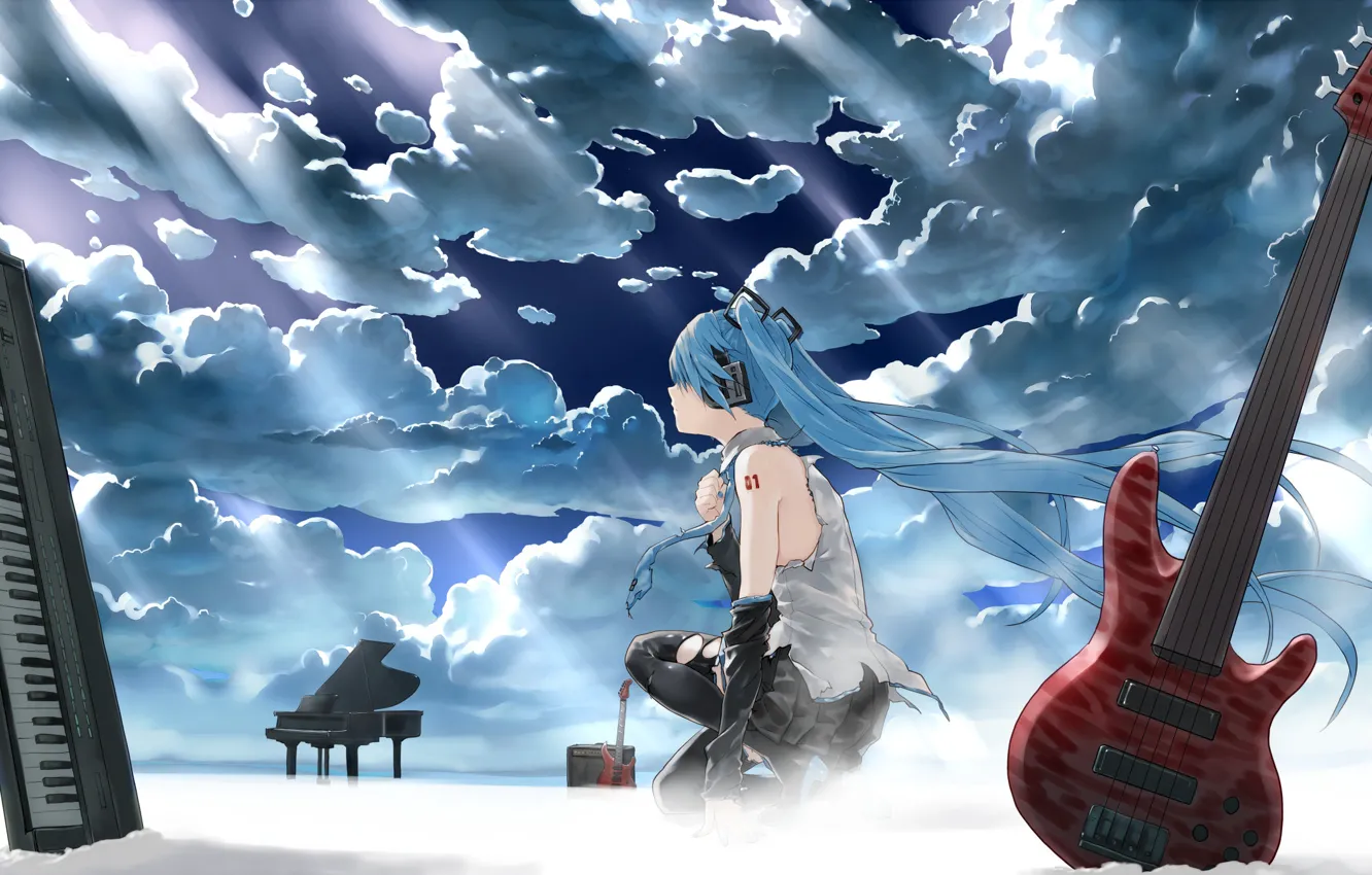 Фото обои небо, девушка, облака, свет, гитара, наушники, рояль, арт