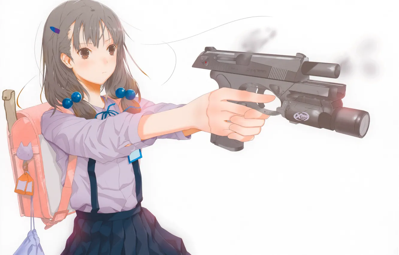 Фото обои пистолет, выстрел, талисман, белый фон, girl, школьница, ранец, haruaki fuyuno