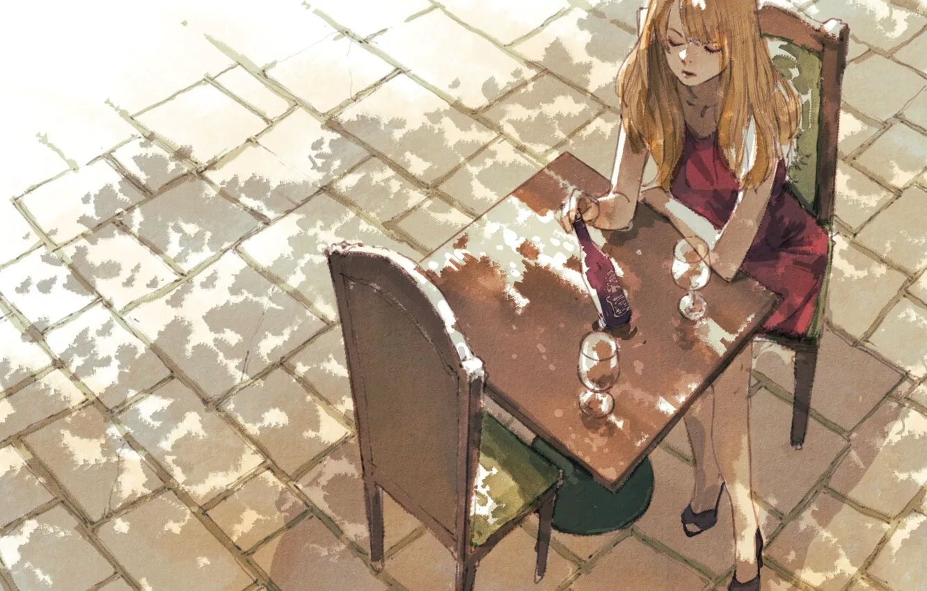 Фото обои девушка, кафе, столик, брущатка