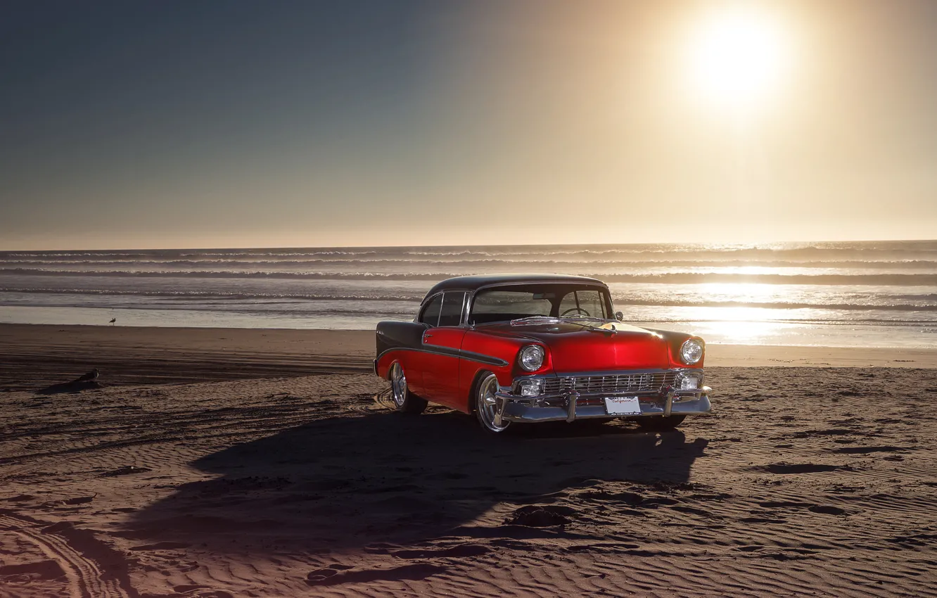 Фото обои Chevrolet, Red, Car, Front, Bel Air, Sun, Water, Old
