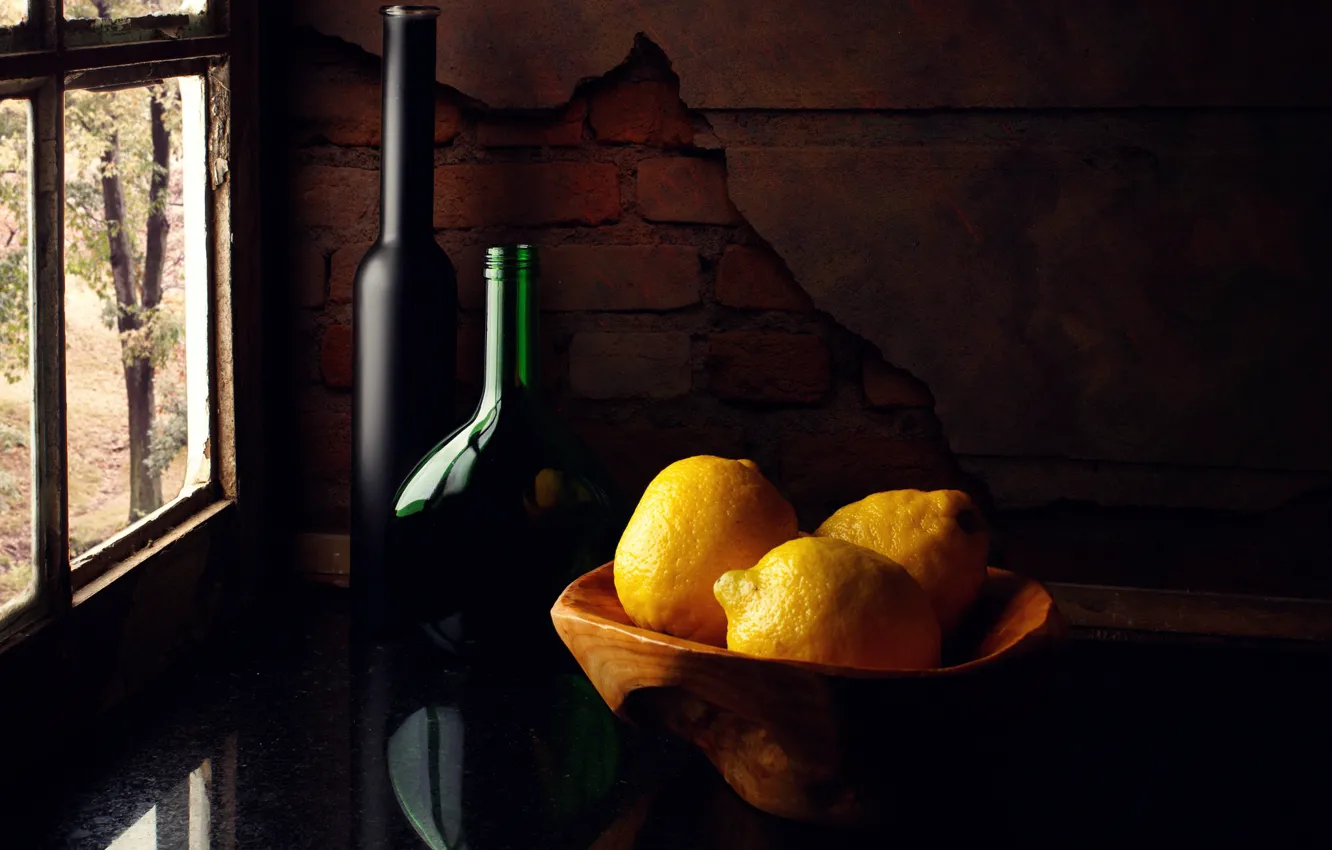 Фото обои бутылки, натюрморт, лимоны, Lemons