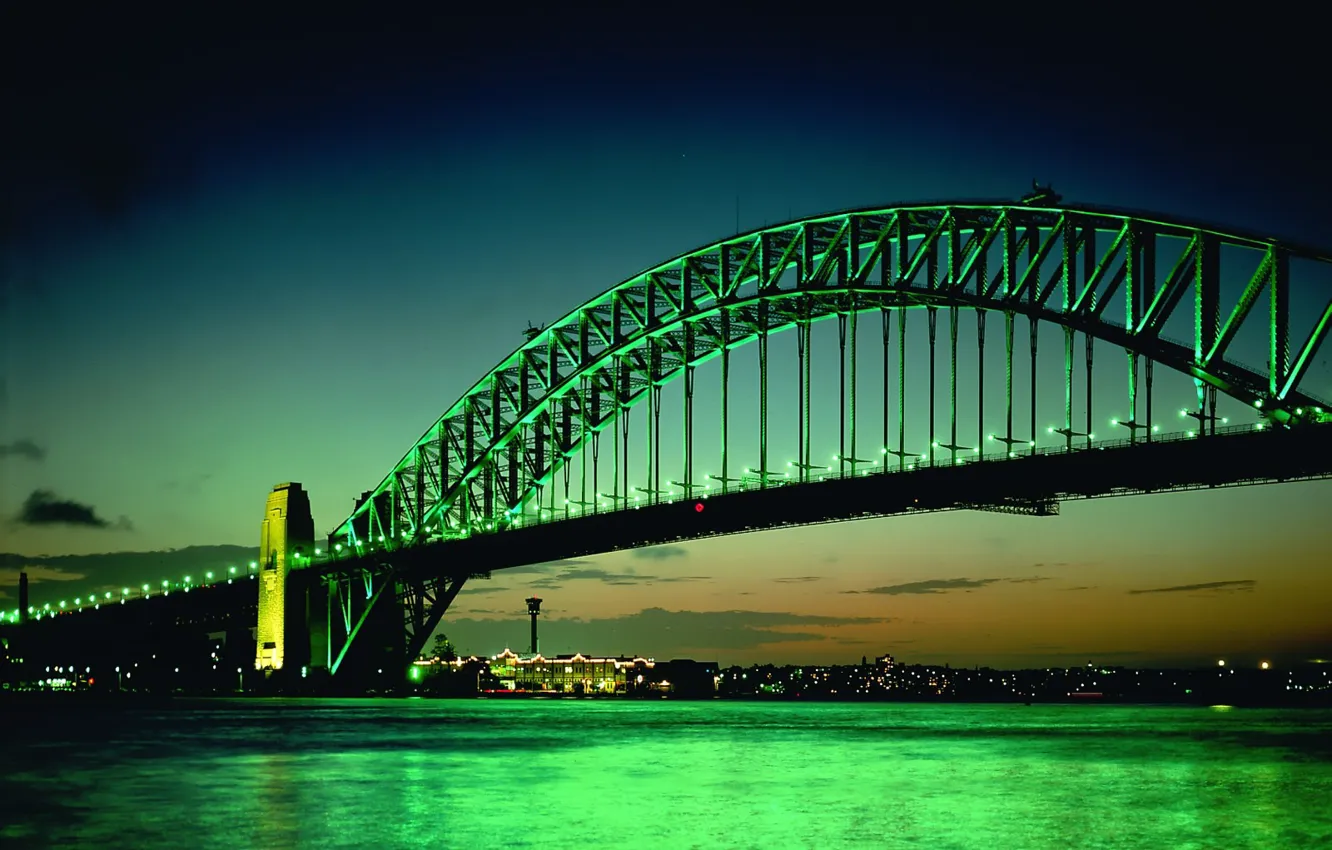 Фото обои зеленый, Вечер, Огни, Мост