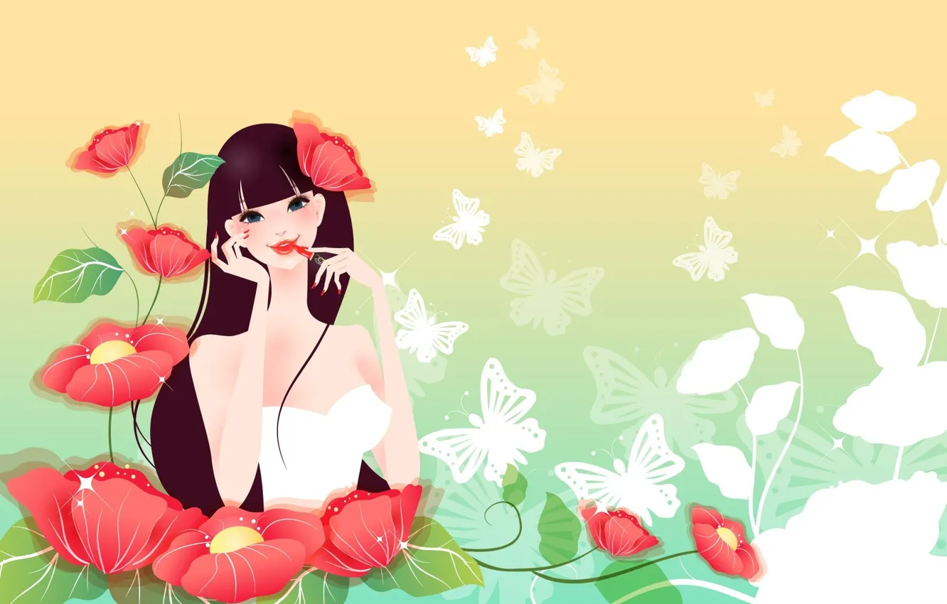 Фото обои девушка, бабочки, цветы, рисунок, маки, помада, красные