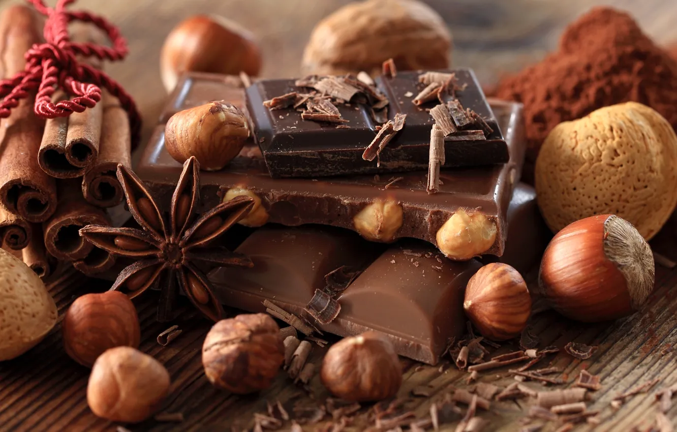 Фото обои черный, шоколад, орехи, корица, десерт, дольки, сладкое, стружка