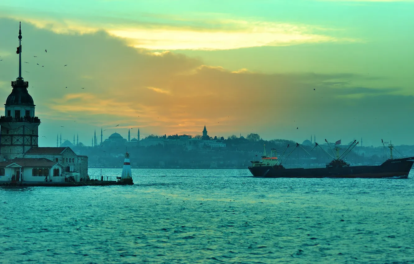 Фото обои пролив, маяк, панорама, Стамбул, Турция, Босфор