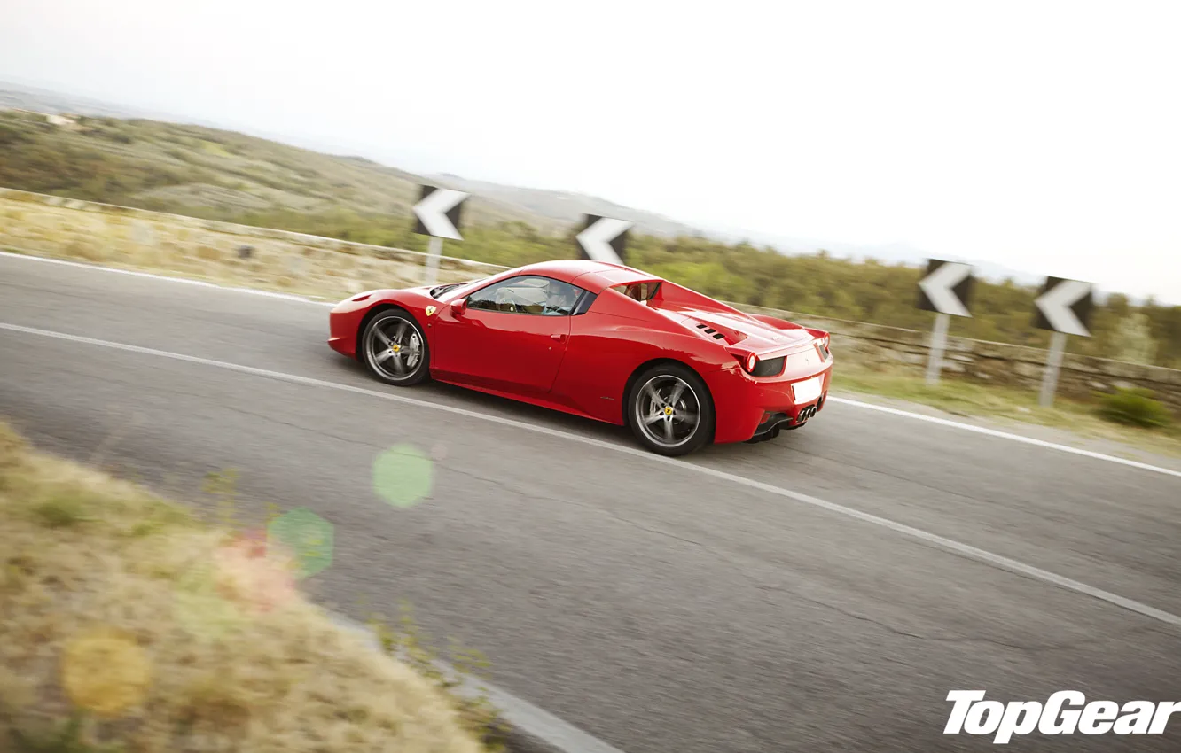 Фото обои дорога, красный, вид, поворот, Ferrari, суперкар, феррари, 458