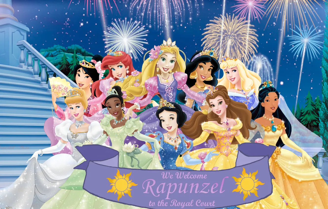 Фото обои Aurora, Ariel, art, Pocahontas, beauty, Rapunzel, Уолт Дисней, Cinderella