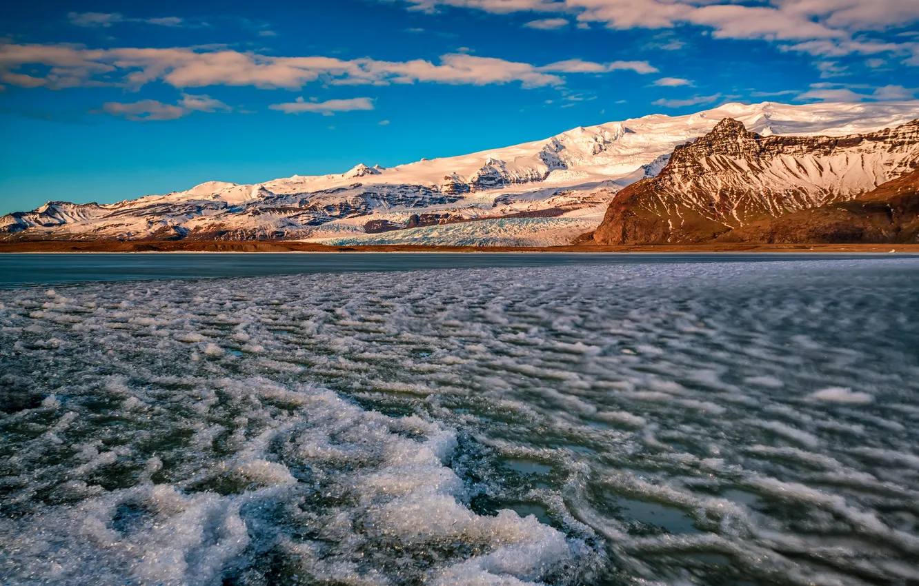 Фото обои зима, снег, гора, залив, Auster-Skaftafellssysla, Breidárlón Lagoon