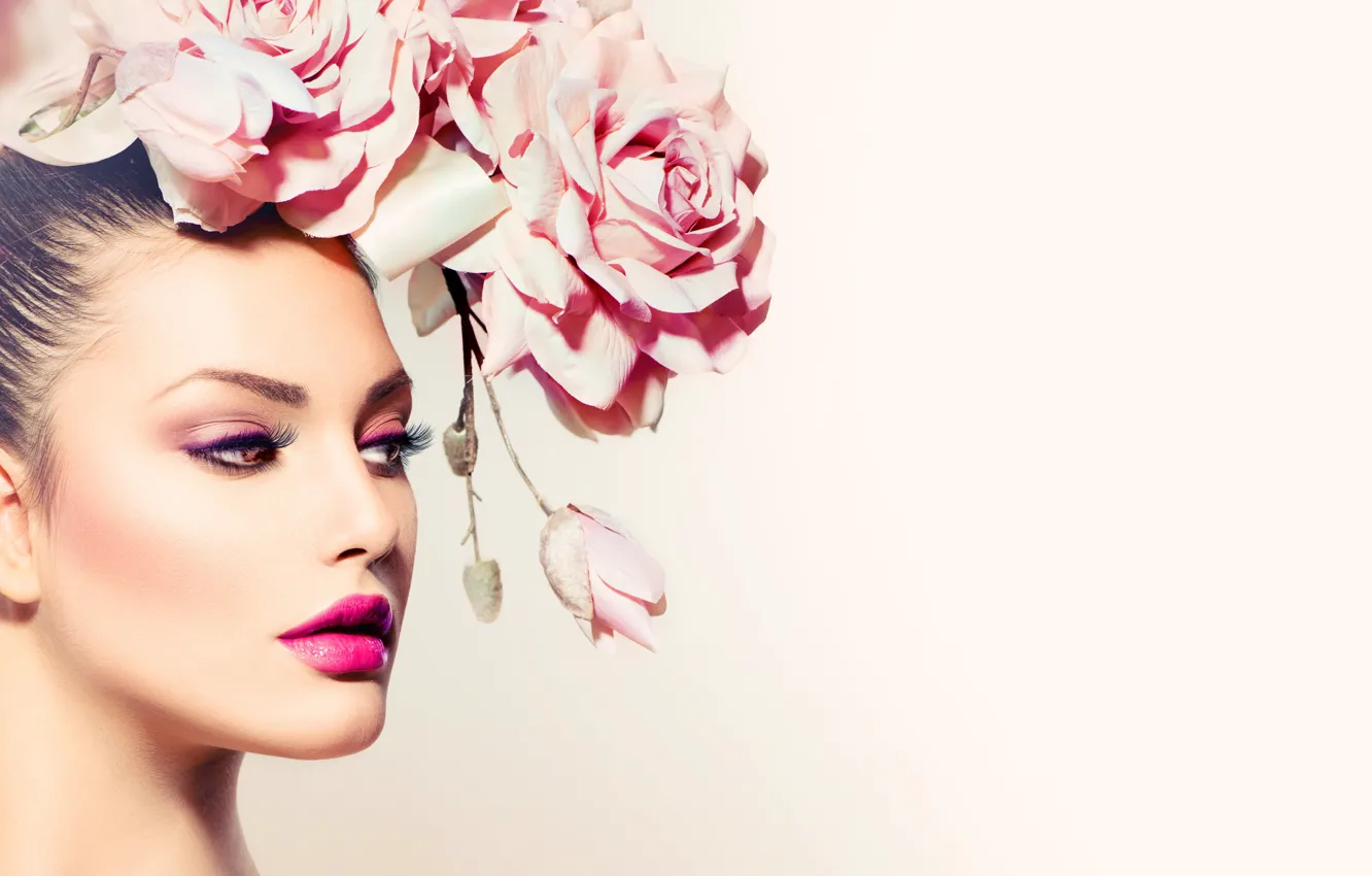 Фото обои взгляд, девушка, розовый, модель, розы, макияж, Анна Субботина