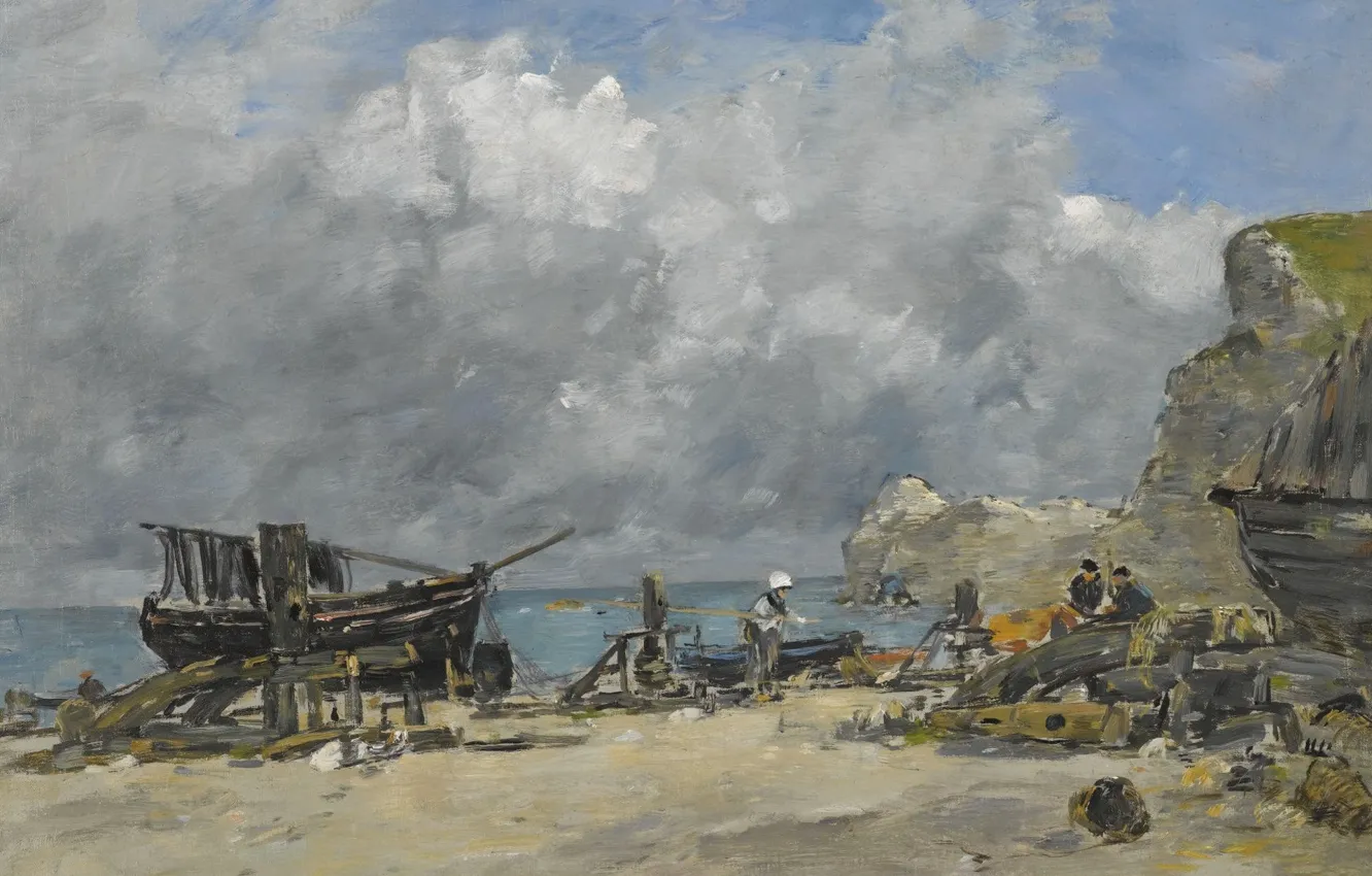 Фото обои пейзаж, картина, Эжен Буден, Eugene Boudin, Этрета. Лодки и Рыбаки на Пляже