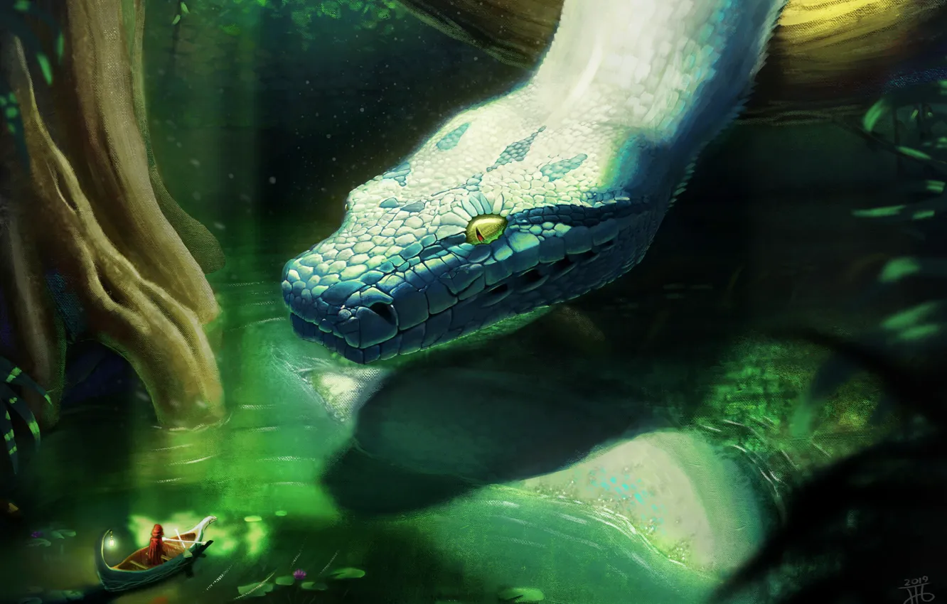 Фото обои Змея, Река, Лес, Лодка, Джунгли, Jungle, Fantasy, Snake