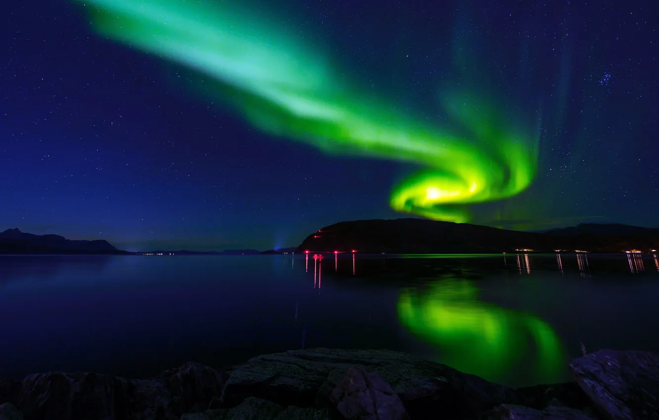 Фото обои море, огни, красота, Норвегия, простор, Aurora, Night, Norway