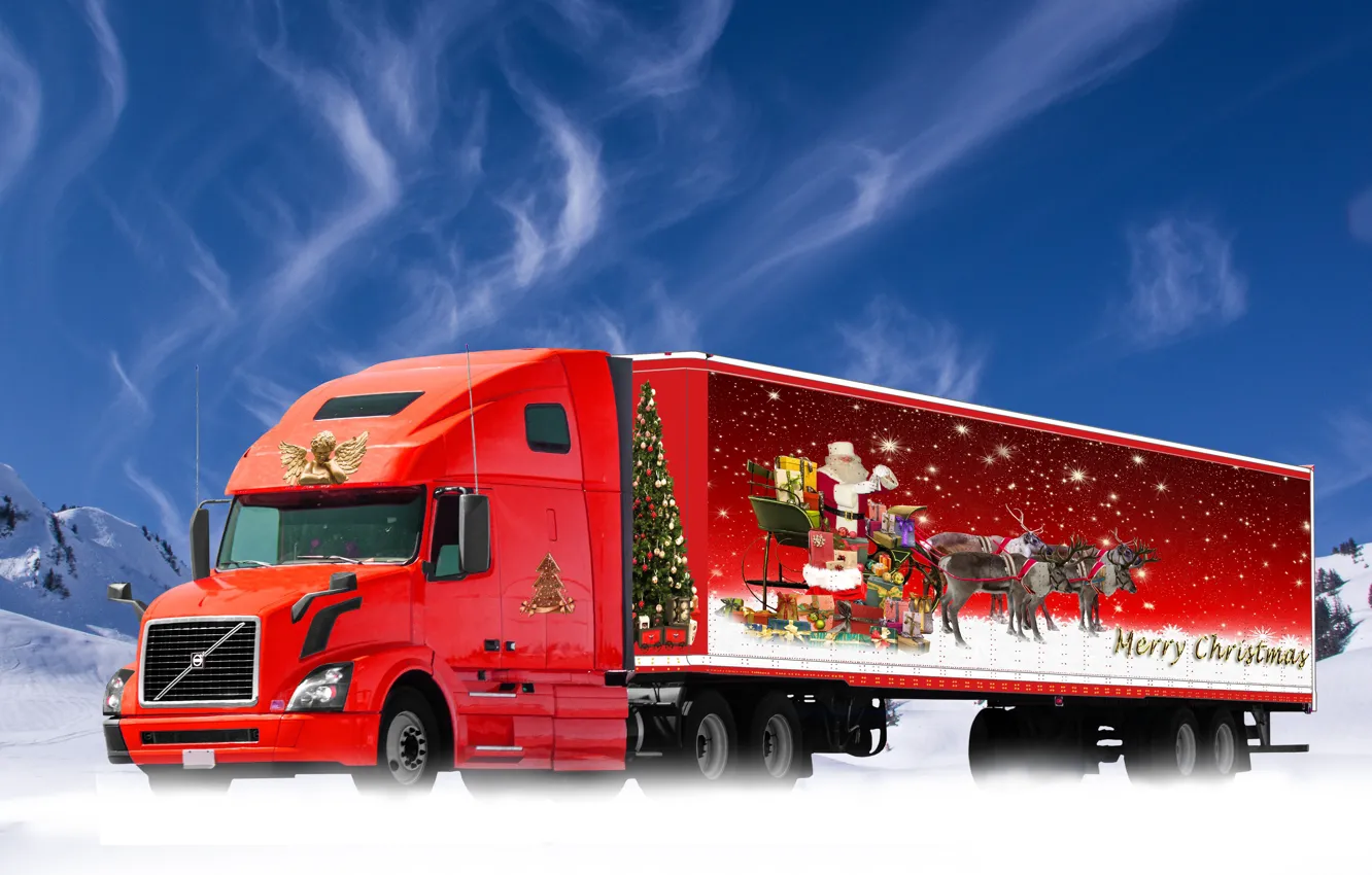 Фото обои Красный, Рождество, Новый год, Санта Клаус, Автомобиль, Дед Мороз, Фура, Подарки