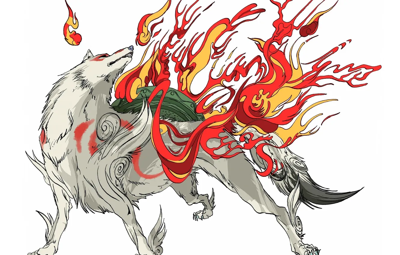 Фото обои белый, фон, пламя, волк, когти, божество, Okami, Amaterasu