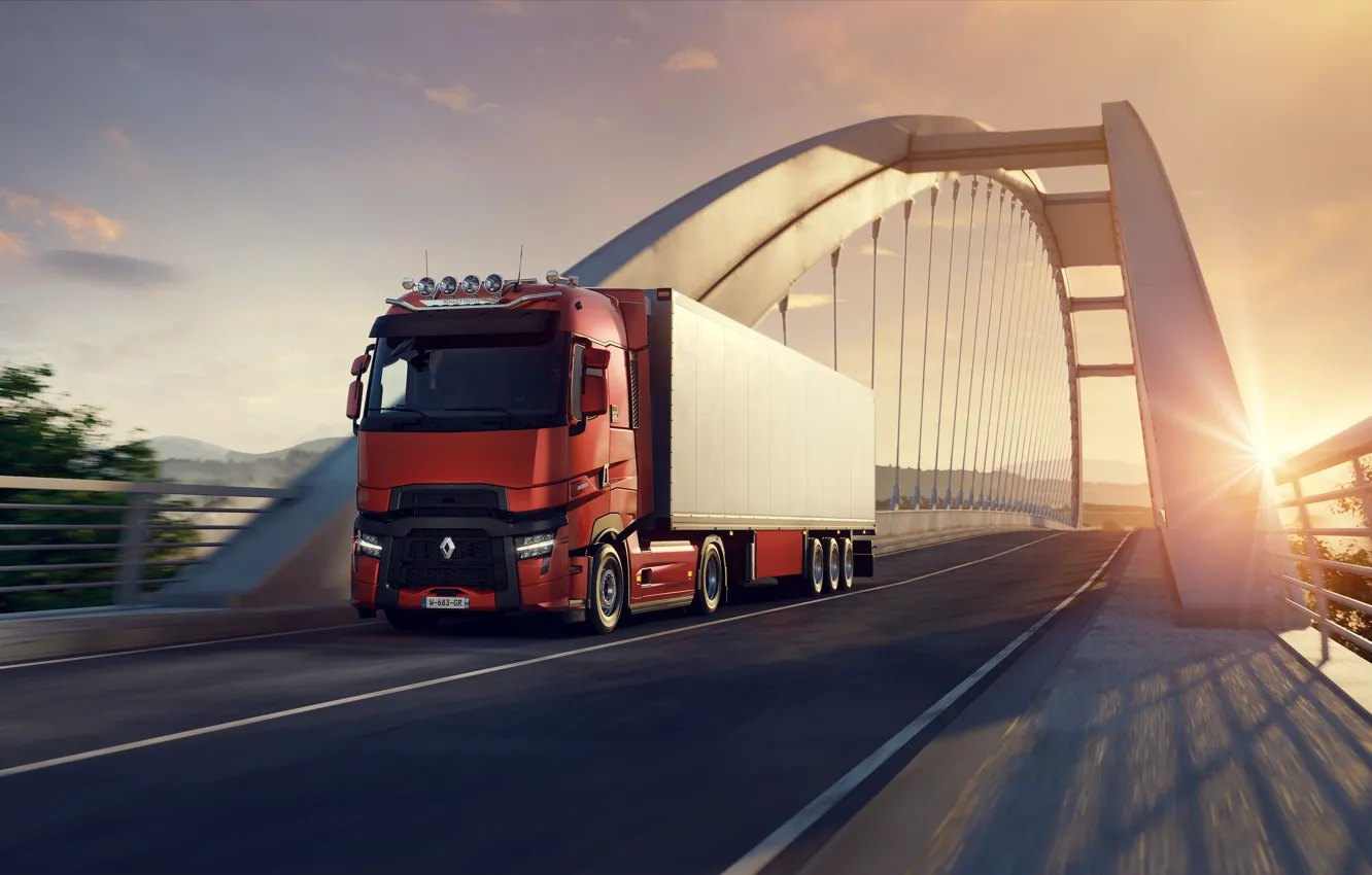 Фото обои bridge, sunset, euro truck simulator 2, 2021, Renault Trucks, T-High 520