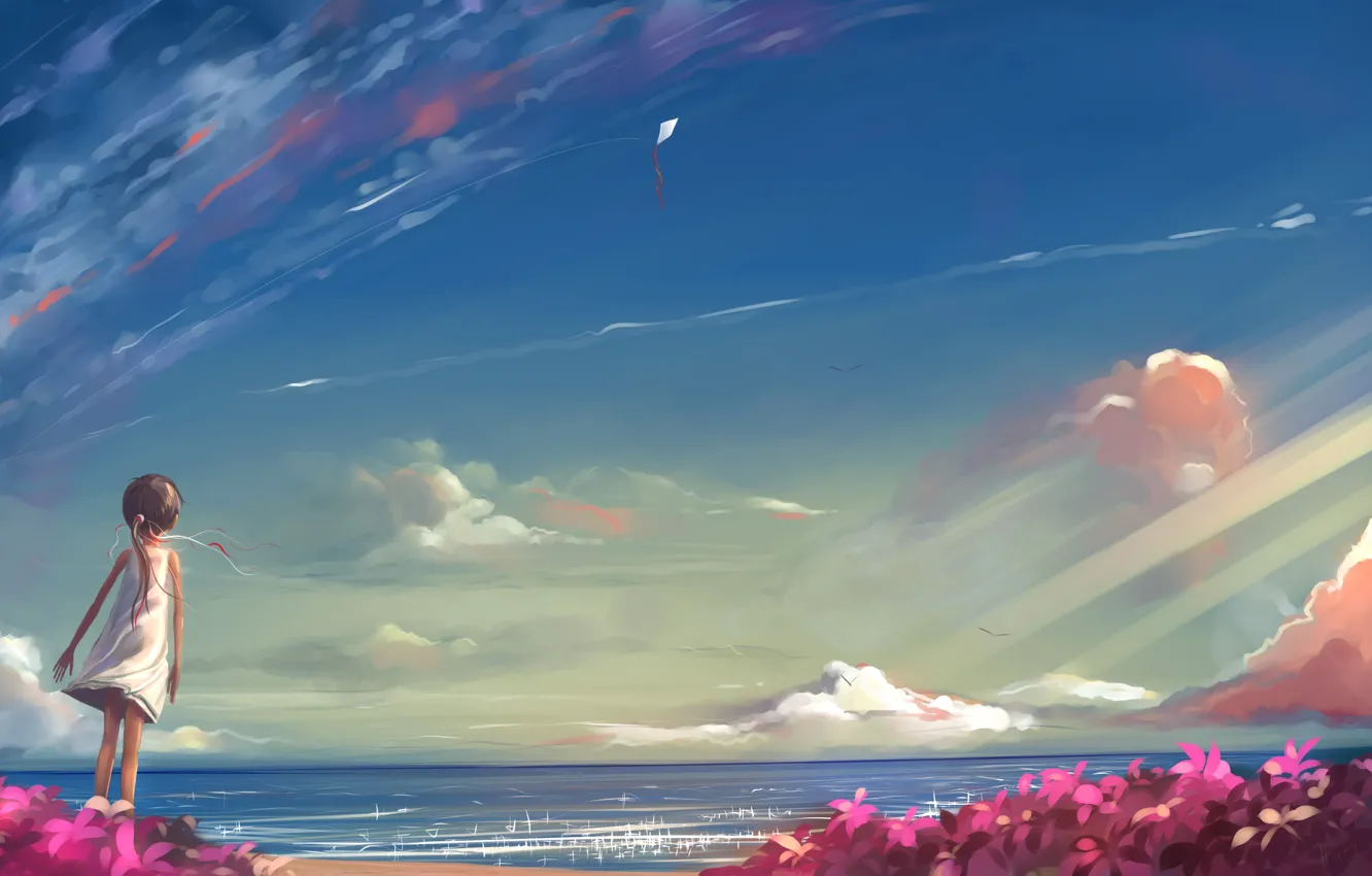 Фото обои море, лето, небо, солнце, рисунок, девочка