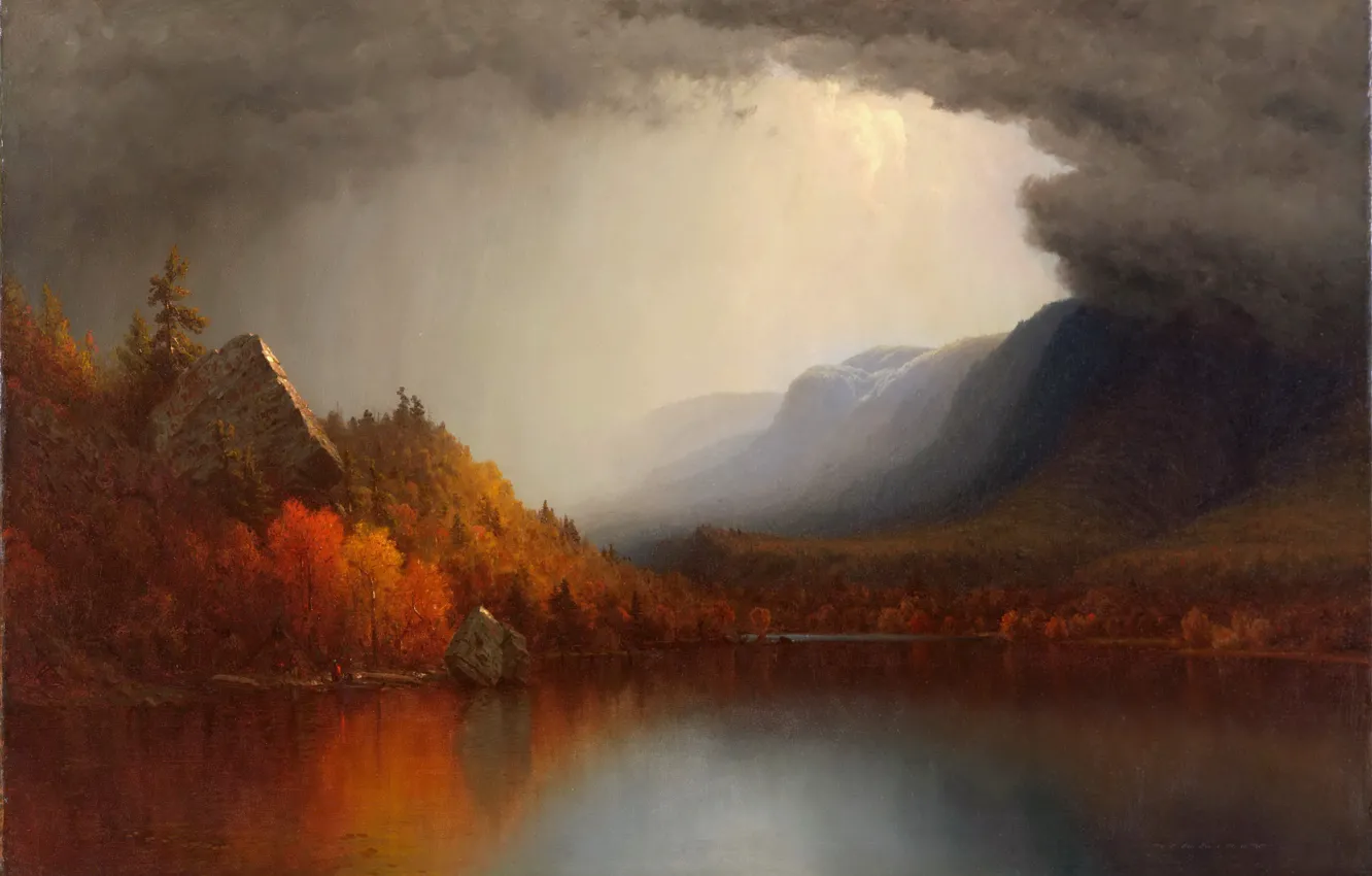 Фото обои осень, лес, пейзаж, тучи, озеро, картина, Sanford Robinson Gifford