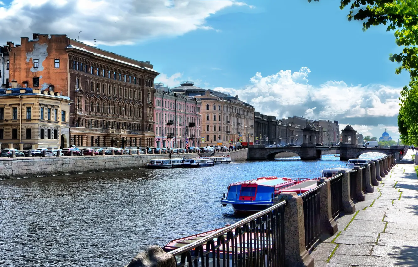 Фото обои лето, солнце, блики, река, катера, набережная, Фонтанка, Санкт Петербург