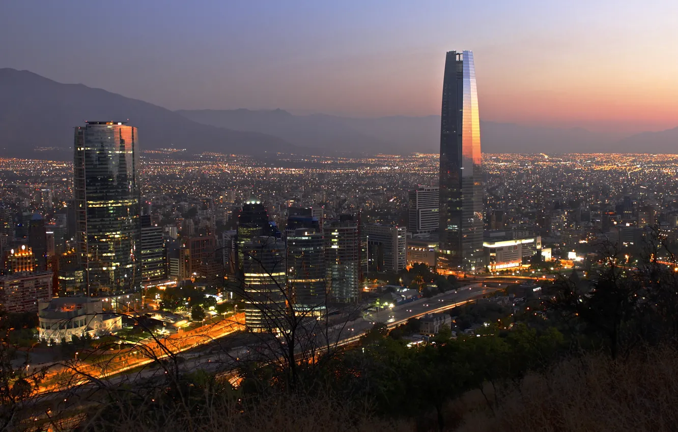 Фото обои twilight, sunset, mountains, dusk, downtown, Santiago, cityscape, Chile