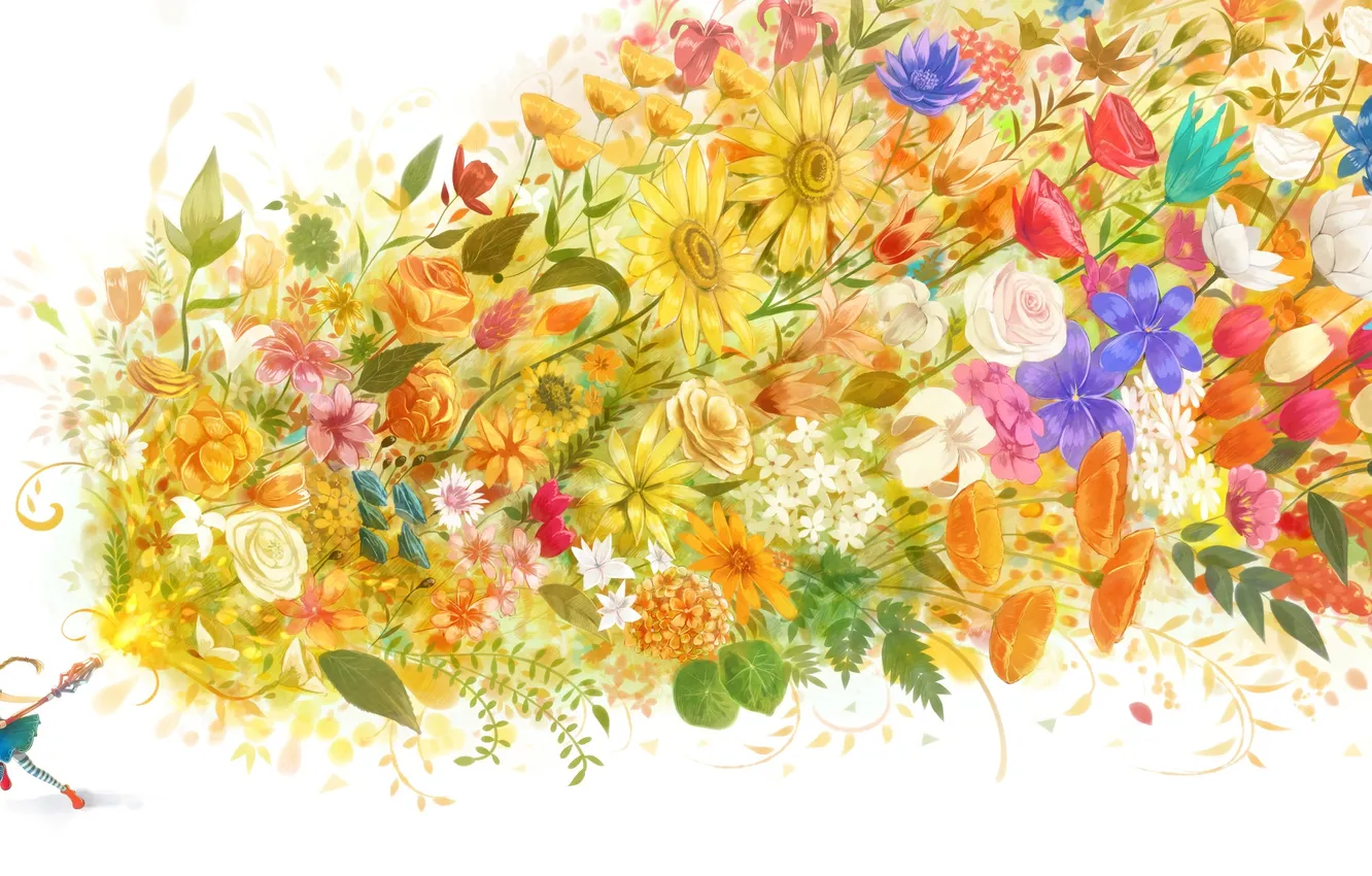 Фото обои девушка, цветы, магия, розы, аниме, арт, тюльпаны, bounin