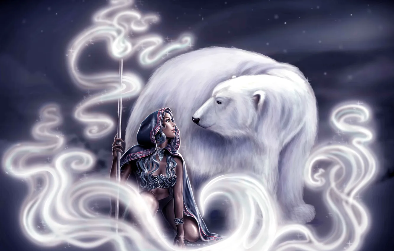 Фото обои белый, девушка, медведь, арт, посох, плащ, Ivana Miklesova