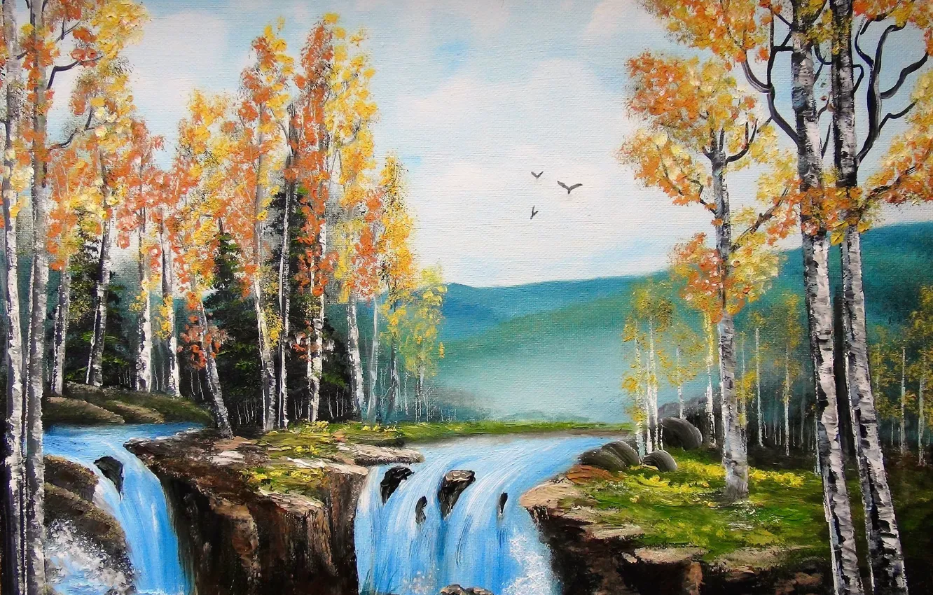 Фото обои осень, пейзаж, природа, река, водопад, картина, пороги