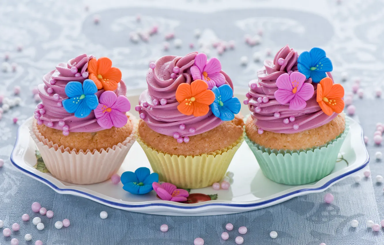 Фото обои розовый, еда, украшение, цветочки, разноцветные, крем, десерт, выпечка