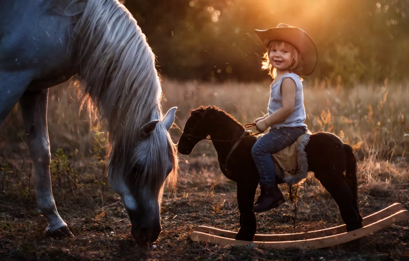 Фото обои конь, лошадь, шляпа, мальчик, наездник, качалка, лошадка
