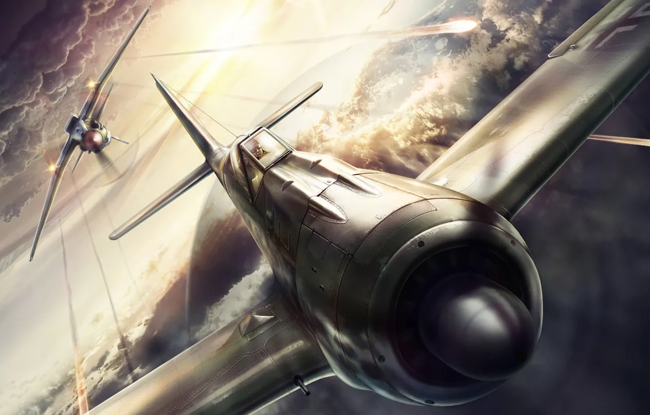 Фото обои дизайн, самолет, атака, рисунок, истребитель, бой, обстрел, вторая мировая война