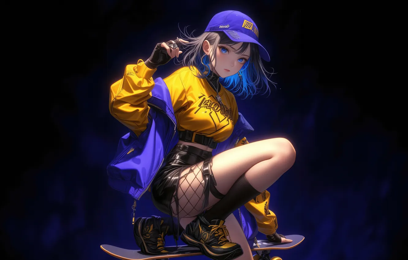 Фото обои girl, skateboarding, ai art