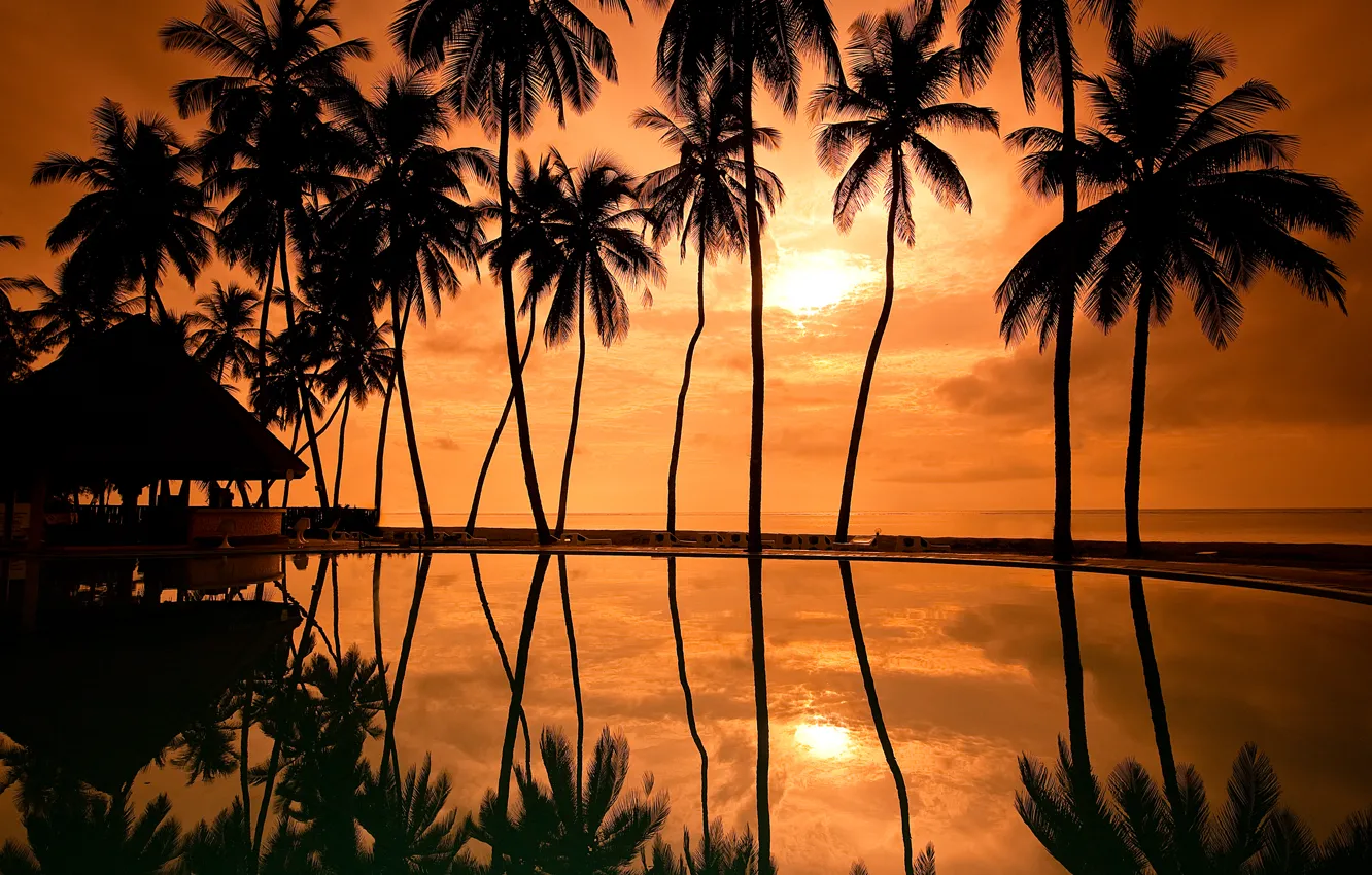 Фото обои небо, солнце, закат, пальмы, вечер, домик, бунгало, гаваи