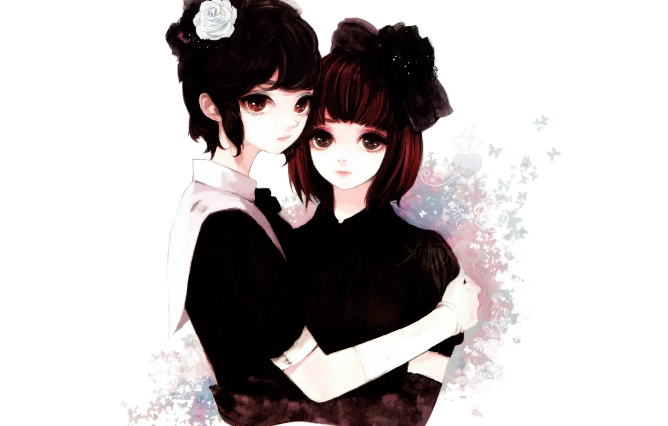 Фото обои цветы, бабочка, белый фон, перчатки, сёстры, большие глаза, art Atri