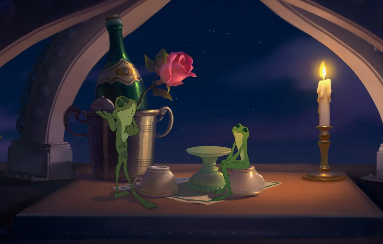 Фото обои вино, роза, мультфильм, лягушка, свеча, вечер, парочка, свидание