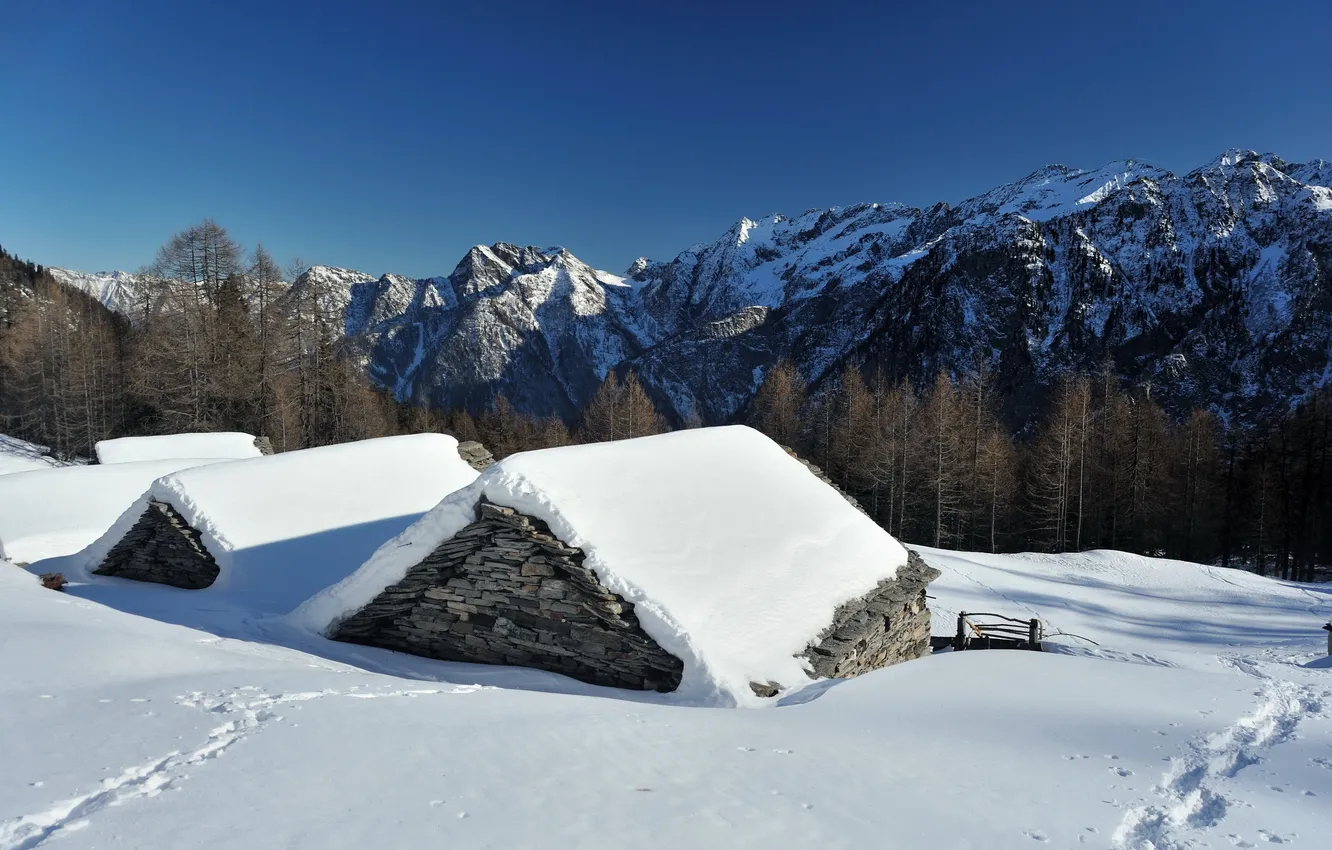 Фото обои зима, снег, горы, дом
