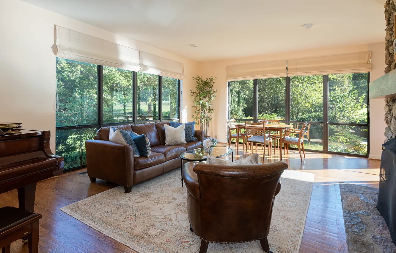 Фото обои интерьер, камин, фортепиано, гостиная, столовая, Charlottesville Stager