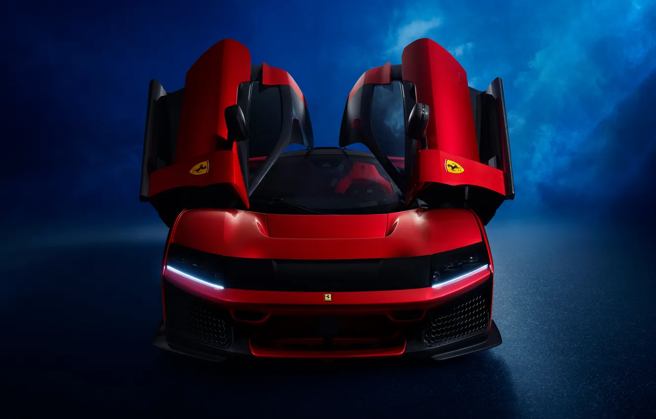 Фото обои Front, Supercar, Вид спереди, 2025, Open Doors, Italy Car, V6 Engine, Red & Black