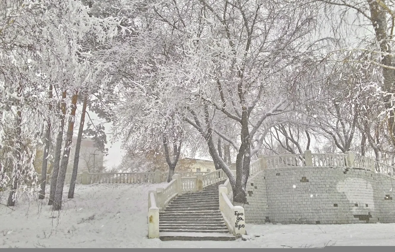 Фото обои зима, иней, Набережная, метель, Павлодар