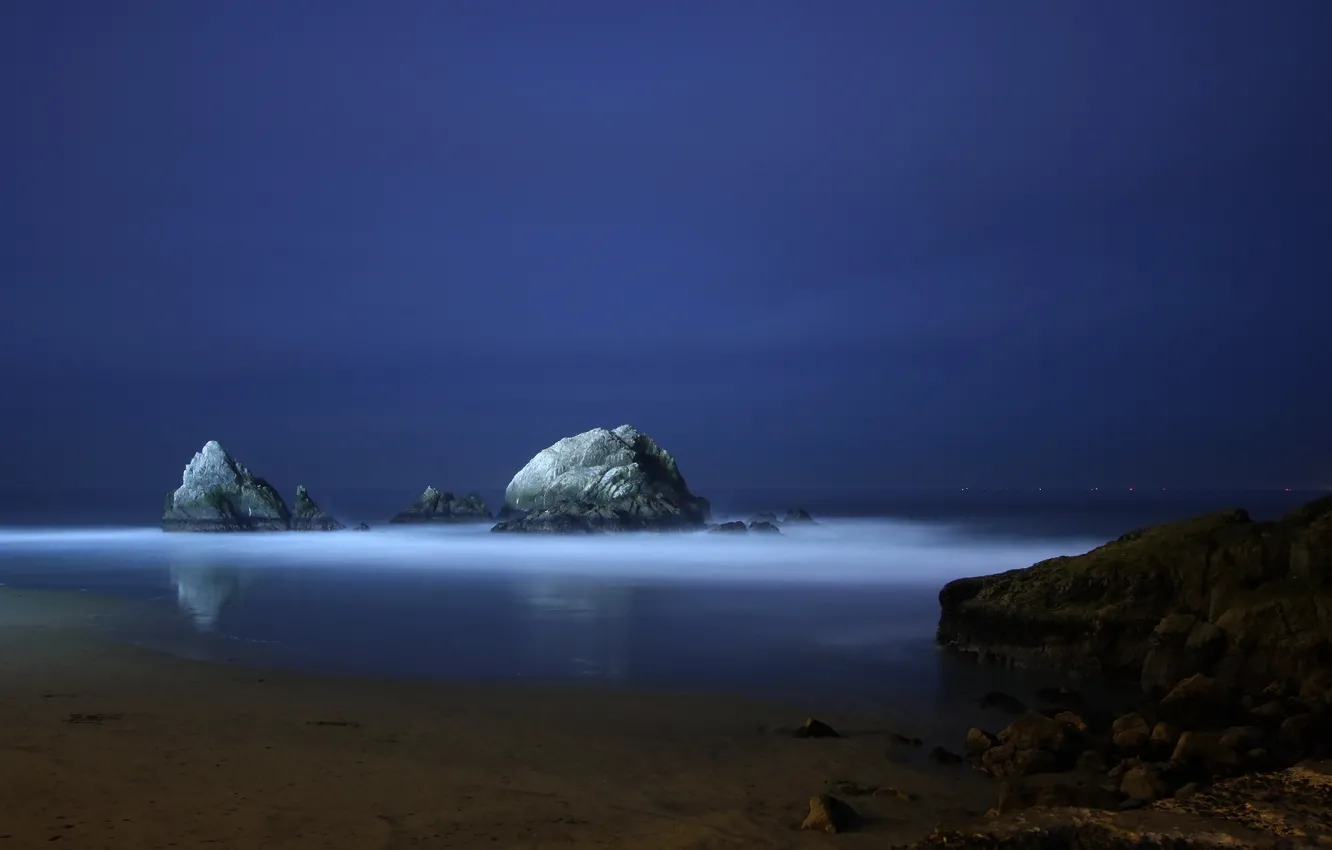 Фото обои море, ночь, скалы, вечер, Синий