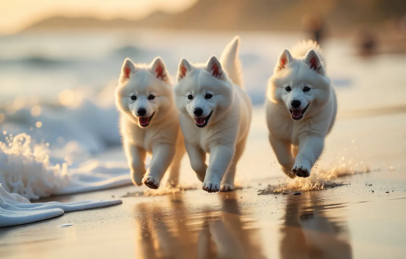 Фото обои песок, море, волны, взгляд, свет, отражение, берег, утро