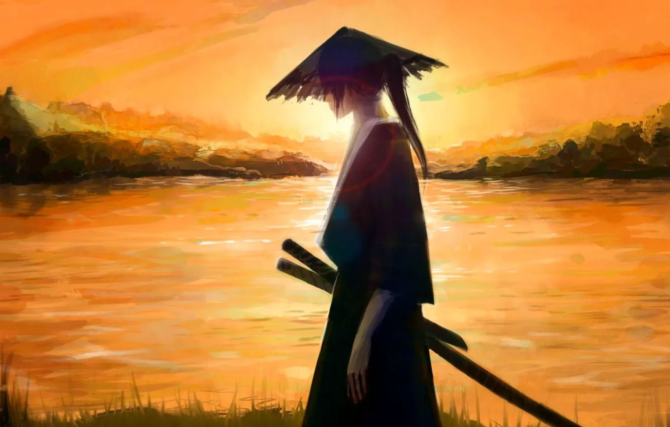 Фото обои вода, природа, оружие, меч, шляпа, арт, самурай, Аниме
