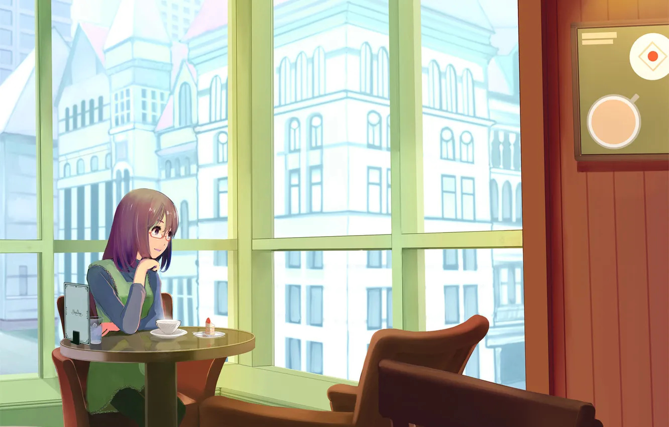 Фото обои уют, окно, девочка, ресторан, пирожное, столик, Paint