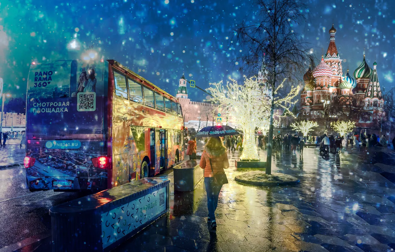 Фото обои зима, город, вечер, Москва, собор, автобус, Красная площадь, Гордеев Эдуард