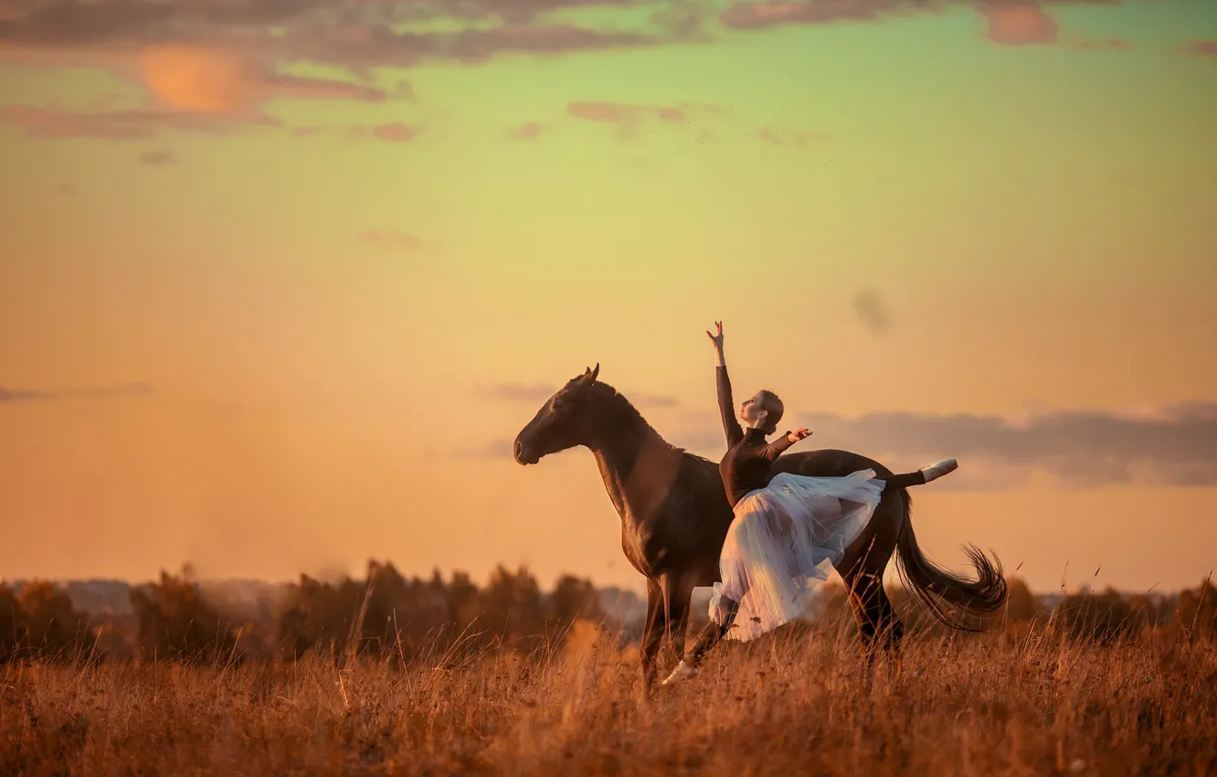 Фото обои девушка, поза, конь, прыжок, лошадь, танец, балерина