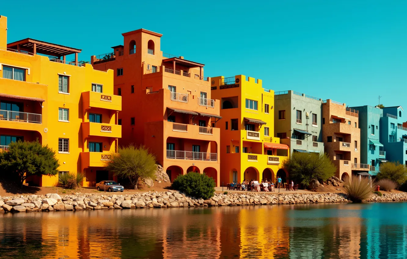 Фото обои river, yellow, building