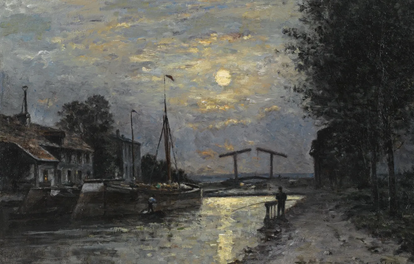 Фото обои пейзаж, ночь, картина, Stanislas Lepine, Станислас Лепин, 1876-79, Канал Сен-Дени. Лунный эффект