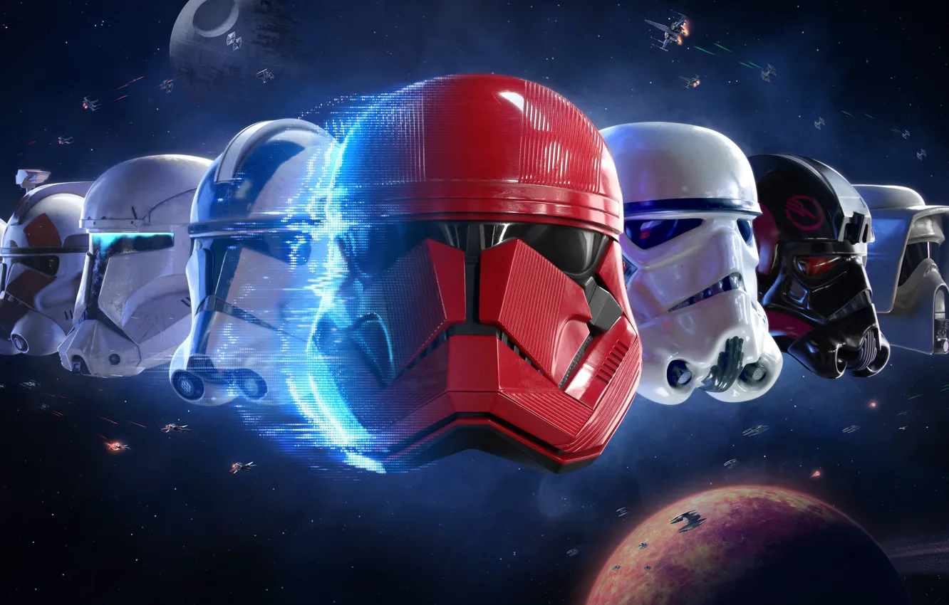 Фото обои космос, шлемы, Звездные, Stormtrooper, Star Wars Battlefront II
