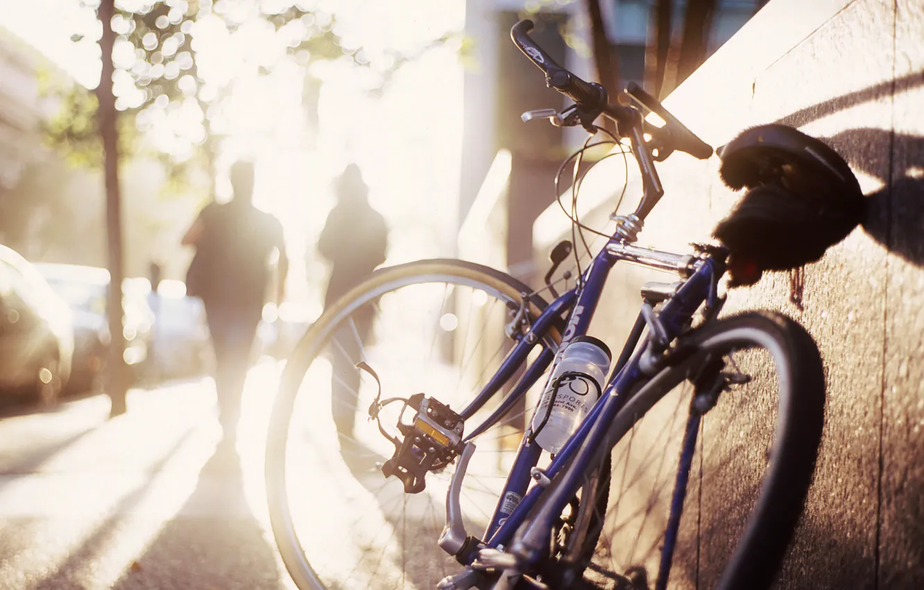 Фото обои солнце, велосипед, улица, утро, тени, тротуар, силуэты, боке