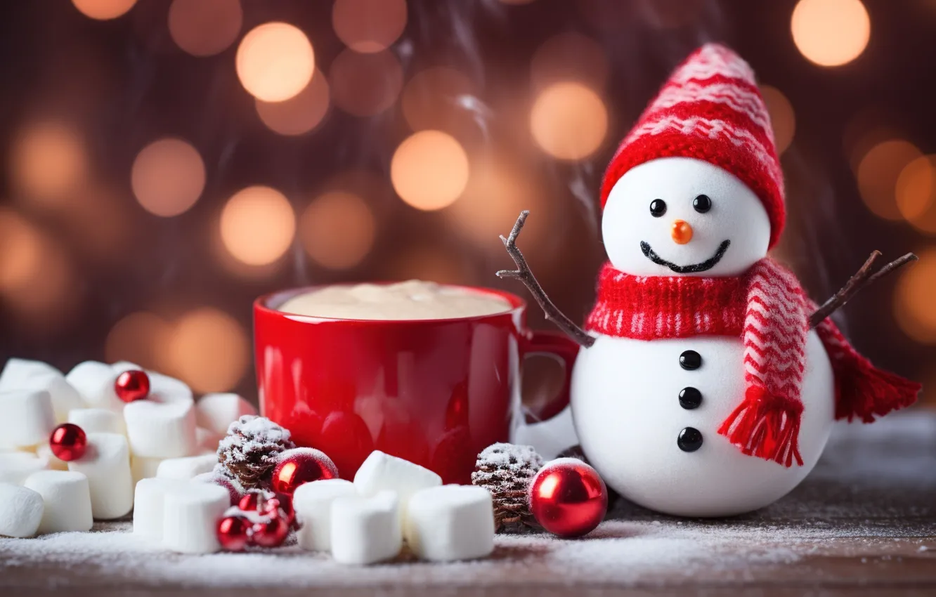 Фото обои зима, снег, Новый Год, Рождество, снеговик, Christmas, balls, winter