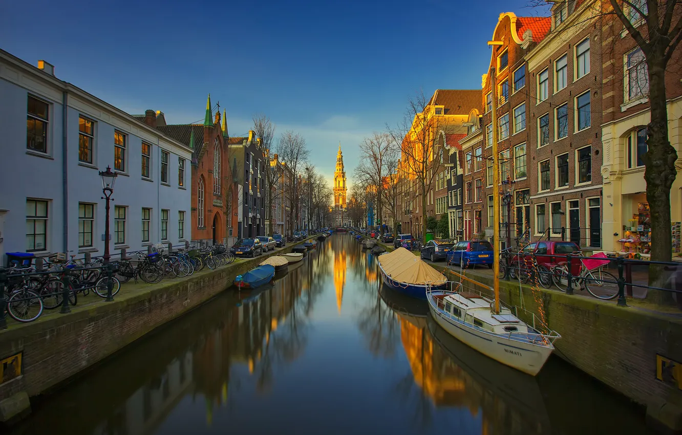Фото обои лодка, дома, Амстердам, канал, Нидерланды